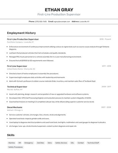 First-Line Production Supervisor Resume
