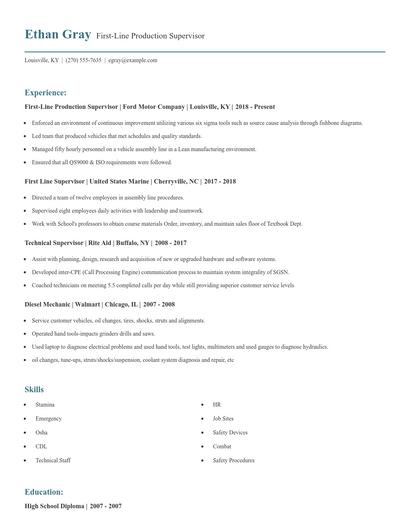 First-Line Production Supervisor Resume