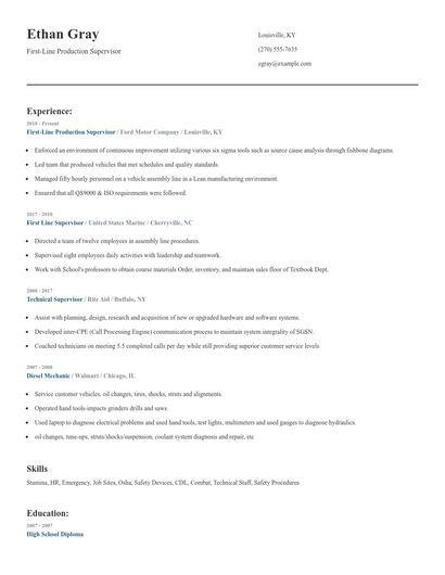 First-Line Production Supervisor Resume
