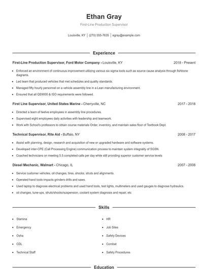 First-Line Production Supervisor Resume