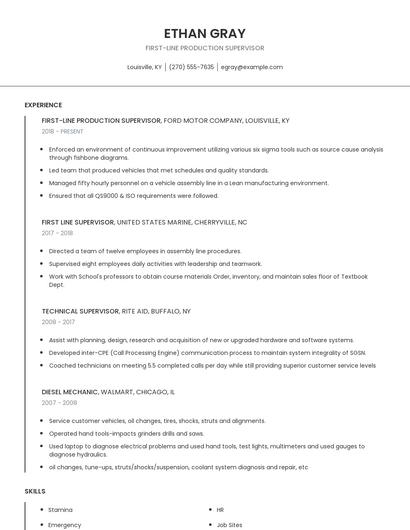 First-Line Production Supervisor Resume
