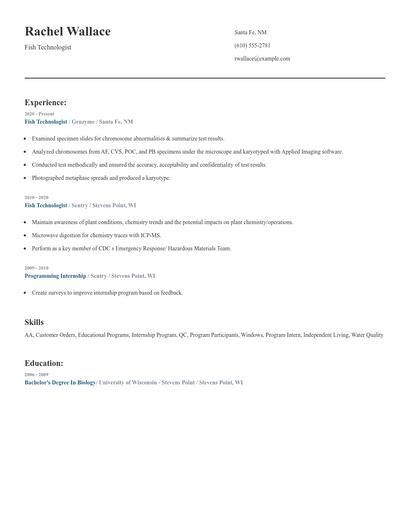 Fish Technologist Resume