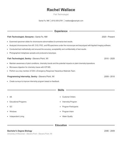 Fish Technologist Resume