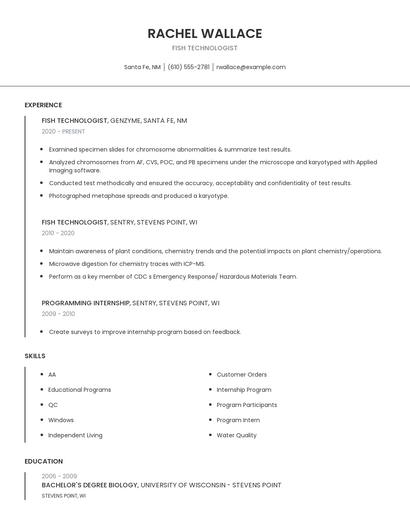 Fish Technologist Resume