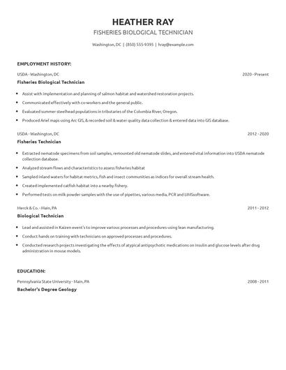 Fisheries Biological Technician Resume