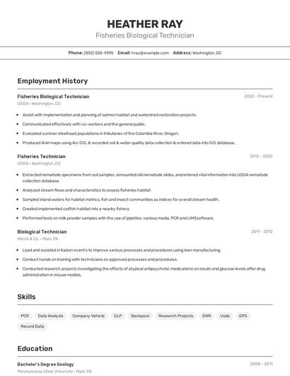 Fisheries Biological Technician Resume