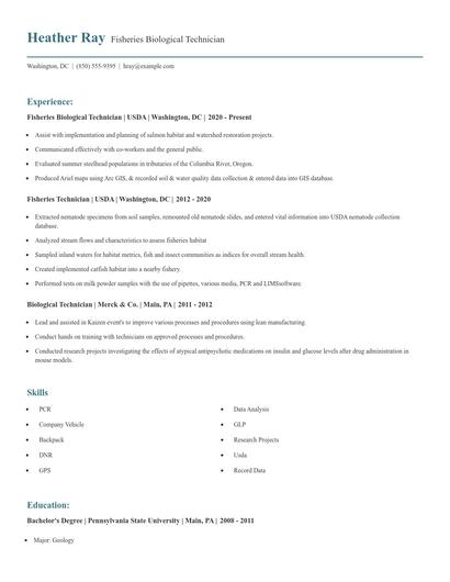 Fisheries Biological Technician Resume
