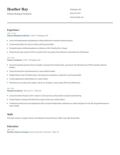 Fisheries Biological Technician Resume