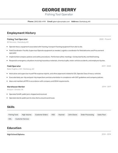 Fishing Tool Operator Resume
