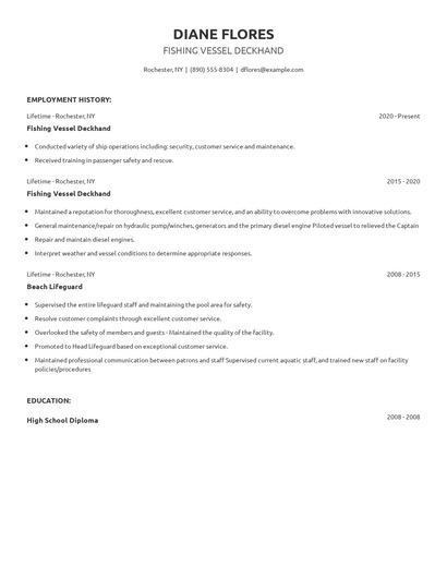 Fishing Vessel Deckhand Resume