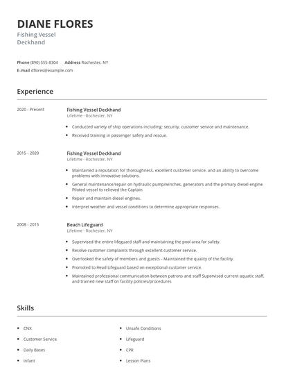 Fishing Vessel Deckhand Resume