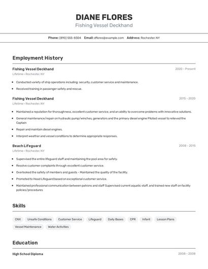 Fishing Vessel Deckhand Resume