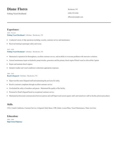 Fishing Vessel Deckhand Resume