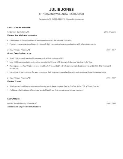 Fitness And Wellness Instructor Resume
