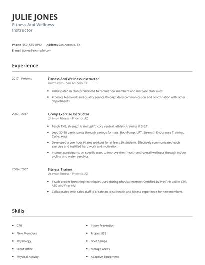 Fitness And Wellness Instructor Resume