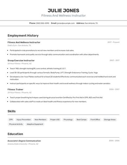 Fitness And Wellness Instructor Resume