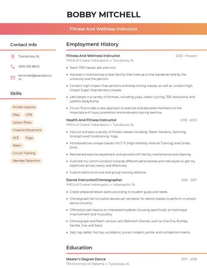 Fitness And Wellness Instructor Resume
