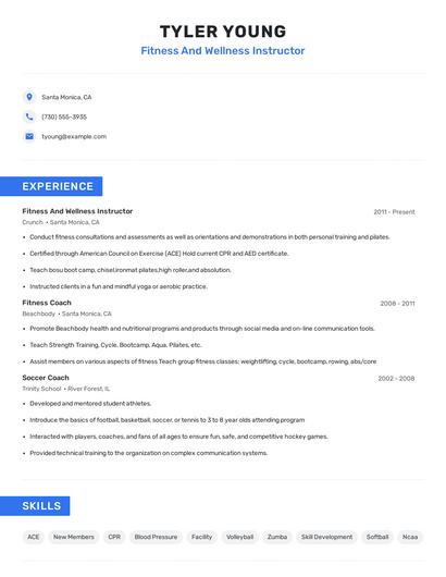 Fitness And Wellness Instructor Resume