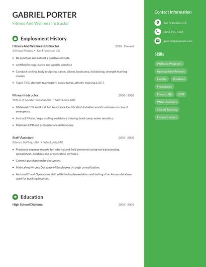 Fitness And Wellness Instructor Resume