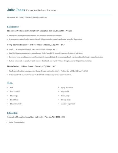 Fitness And Wellness Instructor Resume