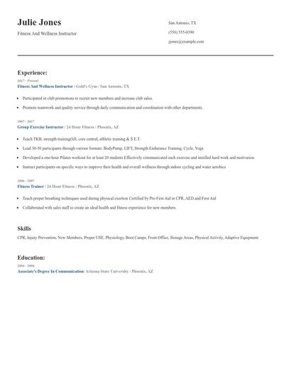 Fitness And Wellness Instructor Resume