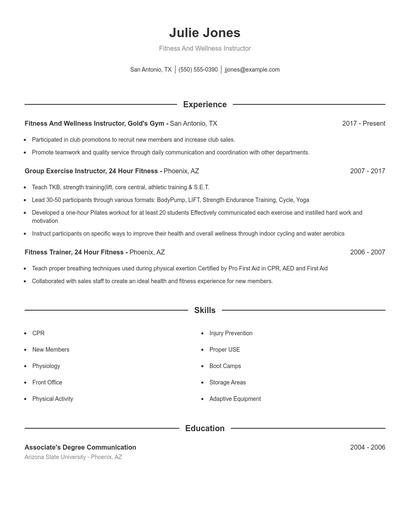 Fitness And Wellness Instructor Resume