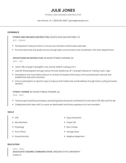 Fitness And Wellness Instructor Resume