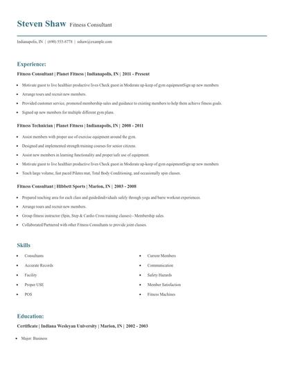 Fitness Consultant Resume