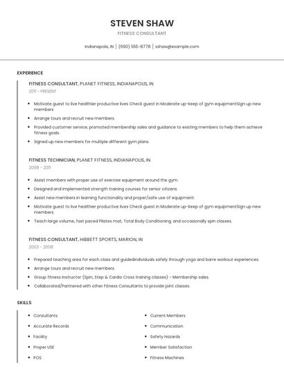 Fitness Consultant Resume