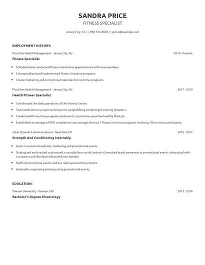 Fitness Specialist Resume
