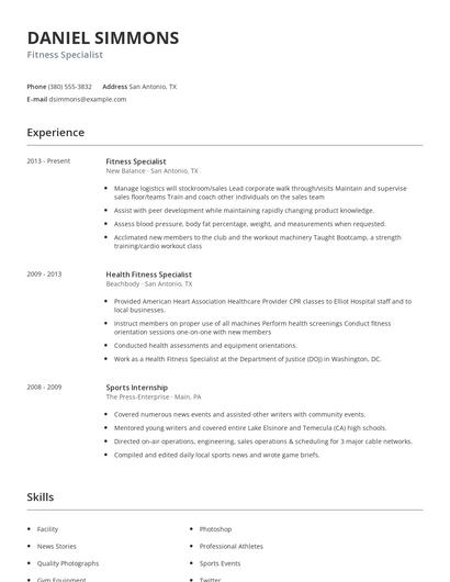 Fitness Specialist Resume