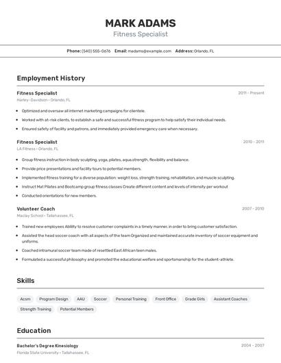 Fitness Specialist Resume