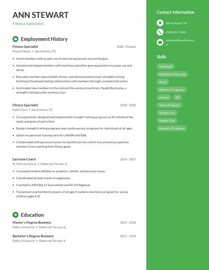 Fitness Specialist Resume