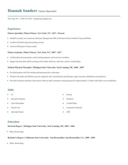 Fitness Specialist Resume