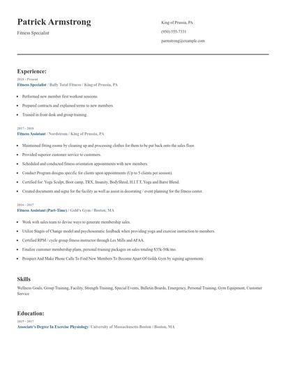 Fitness Specialist Resume
