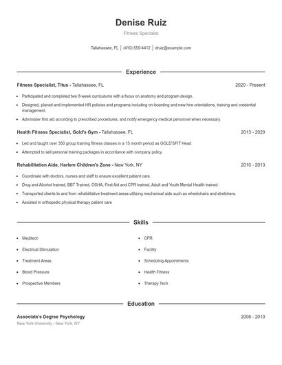 Fitness Specialist Resume