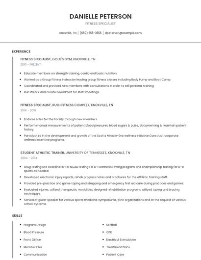 Fitness Specialist Resume