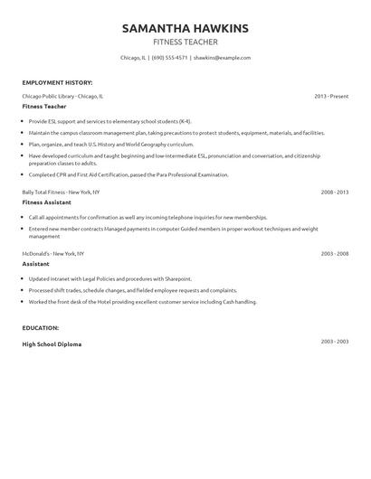 Fitness Teacher Resume
