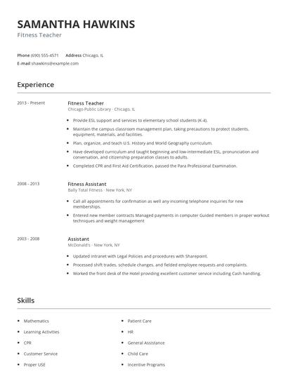 Fitness Teacher Resume