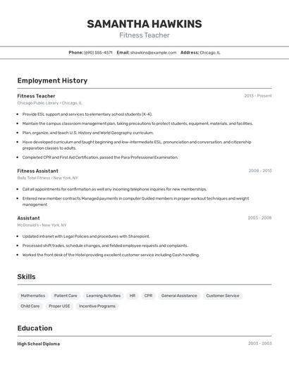 Fitness Teacher Resume