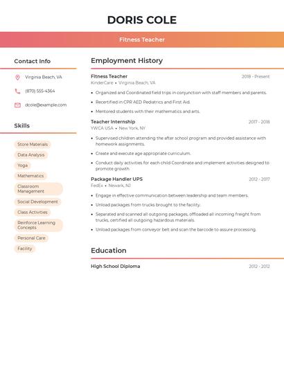 Fitness Teacher Resume