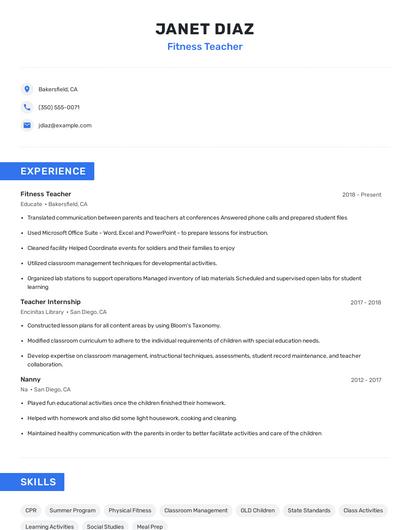 Fitness Teacher Resume