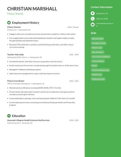 Fitness Teacher Resume