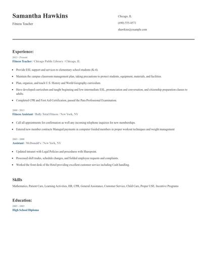 Fitness Teacher Resume