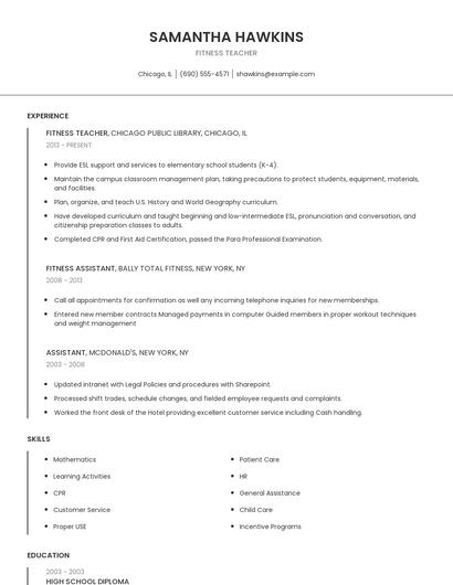 Fitness Teacher Resume