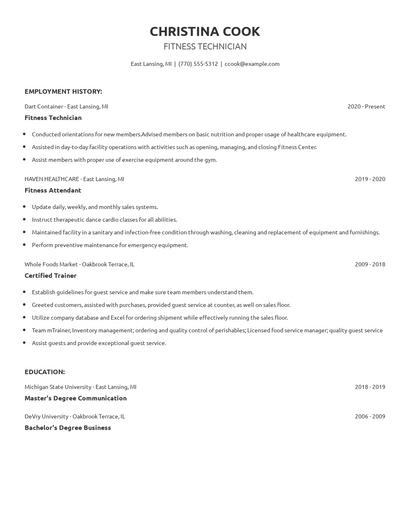 Fitness Technician Resume