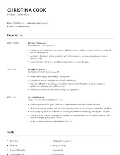 Fitness Technician Resume
