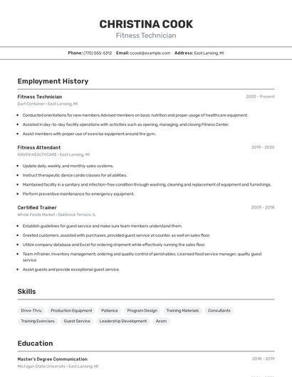 Fitness Technician Resume