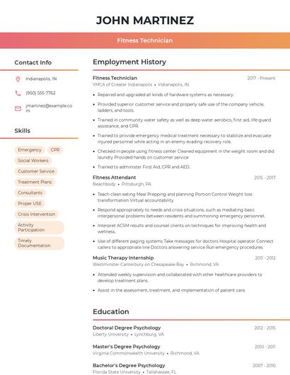 Fitness Technician Resume