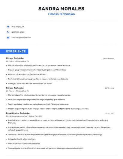 Fitness Technician Resume